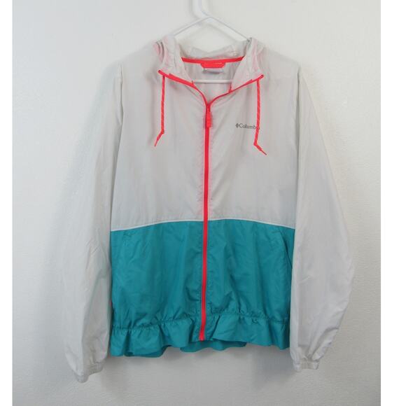 Columbia XL Morning View Windbreaker Jacket Full Zip LS Hooded Teal Pink White - Picture 1 of 7